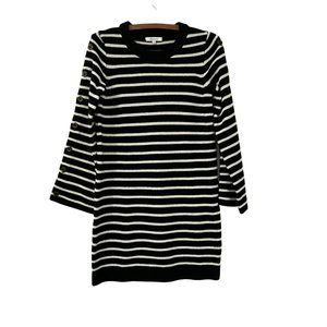 Madewell Black Cream Striped Merino Wool Button Sleeves Sweater Dress XS